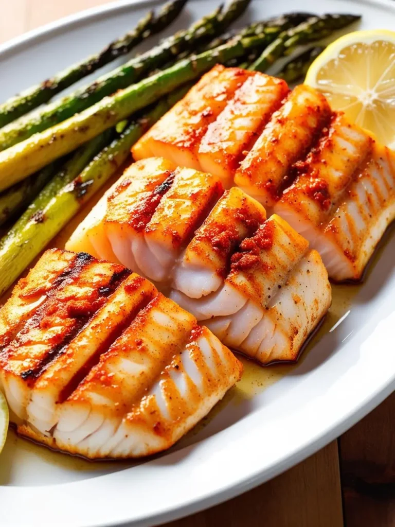 Three golden-brown grilled cod fillets, seasoned with paprika and served with a side of grilled asparagus and lemon wedges. The fish looks perfectly cooked and incredibly appetizing.