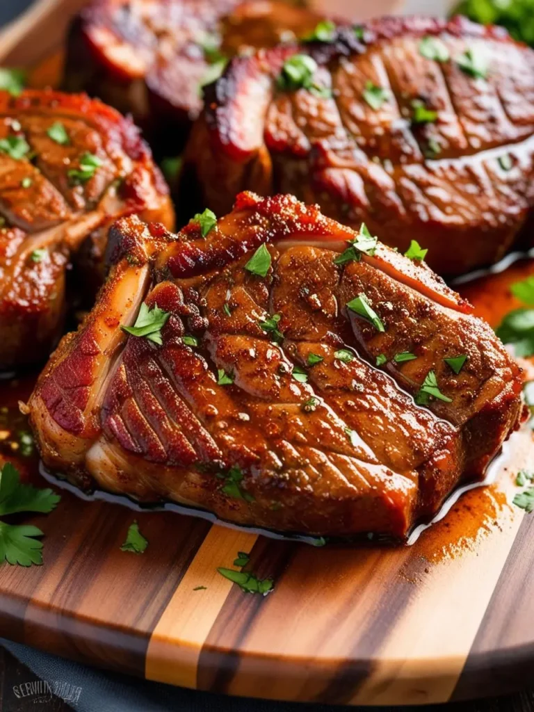 Juicy, golden-brown pork chops with a crispy crust, resting on a wooden board. They are garnished with fresh parsley.