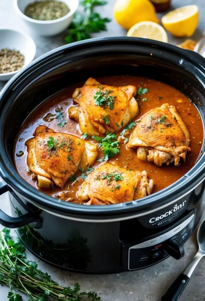 A crockpot filled with Cajun-style chicken thighs simmering in a flavorful sauce, surrounded by aromatic herbs and spices