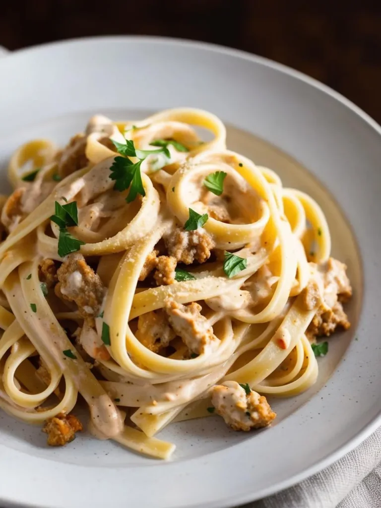 A plate of fettuccine pasta tossed in a creamy, pink vodka sauce with crumbled sausage and fresh parsley. The sauce looks rich and flavorful, and the pasta is perfectly cooked.