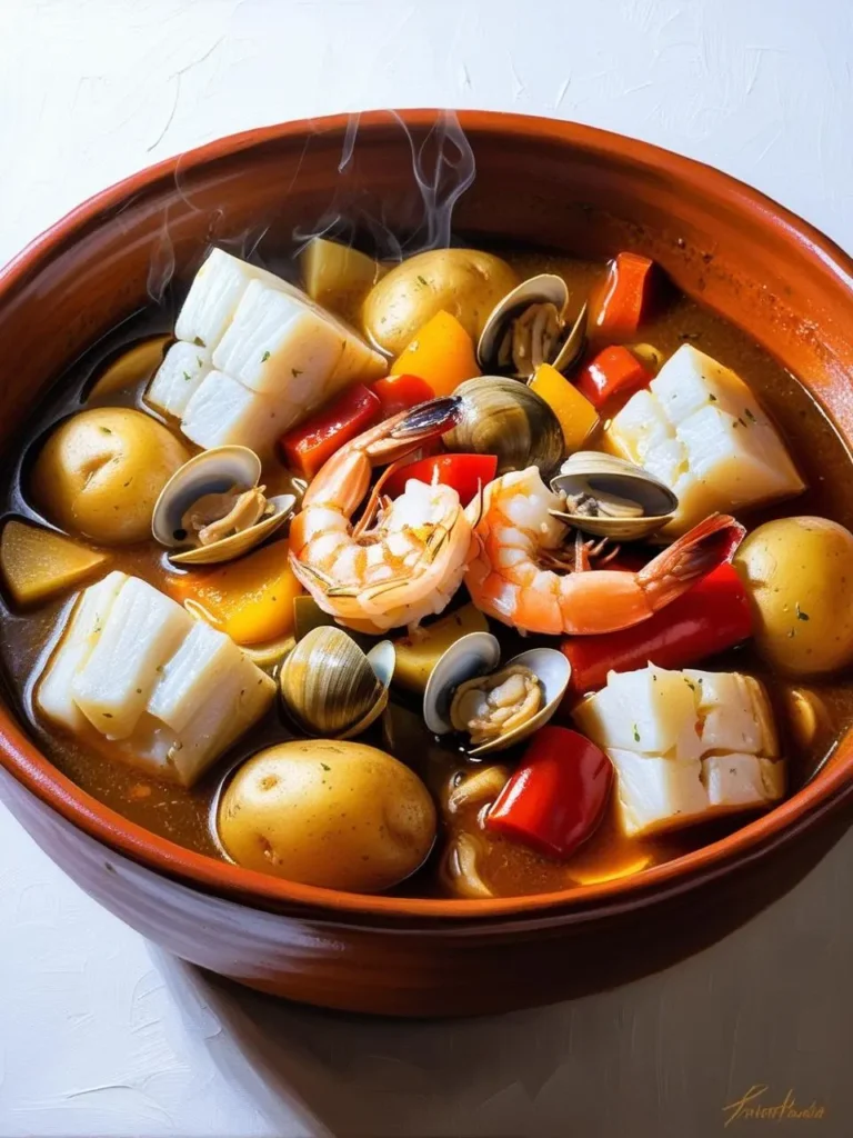 A steaming pot of caldeirada with clams, shrimp, onions, potatoes, garlic, bell peppers and tomatoes