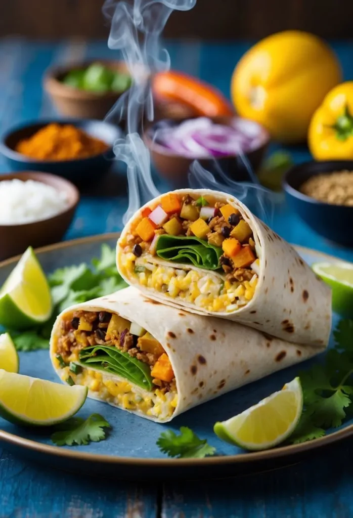 A steaming California burrito surrounded by fresh ingredients and spices