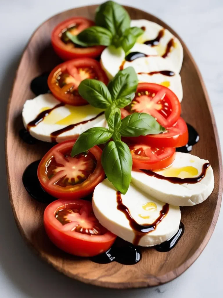 A wooden cutting board with sliced tomatoes, fresh basil leaves, and mozzarella cheese arranged in a circular pattern. A drizzle of balsamic glaze completes the dish