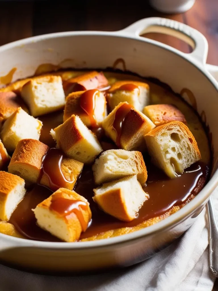 This is an image of a warm caramel bread pudding in a baking dish. The dessert is topped with golden-brown, cubed bread pieces drizzled generously with rich caramel sauce, creating a warm and inviting look. The pudding has a soft and moist texture, perfect for a comforting treat.