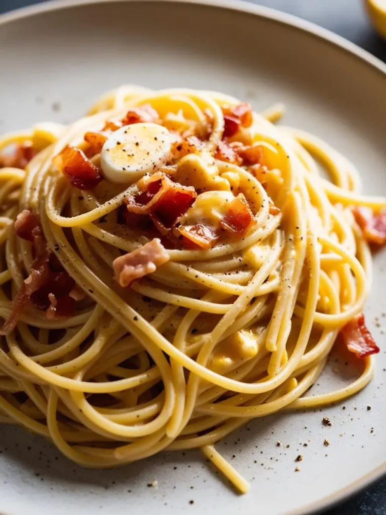 A steaming bowl of creamy carbonara pasta with crispy bacon and freshly grated Parmesan cheese