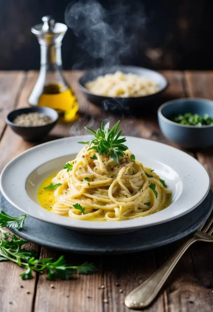 A steaming plate of carbonara with truffle oil, garnished with fresh herbs and cracked black pepper, sits on a rustic wooden table