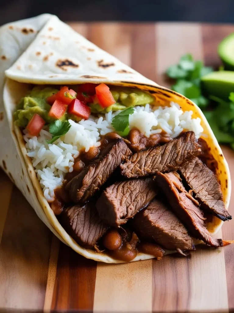 A sizzling carne asada burrito surrounded by fresh ingredients and spices