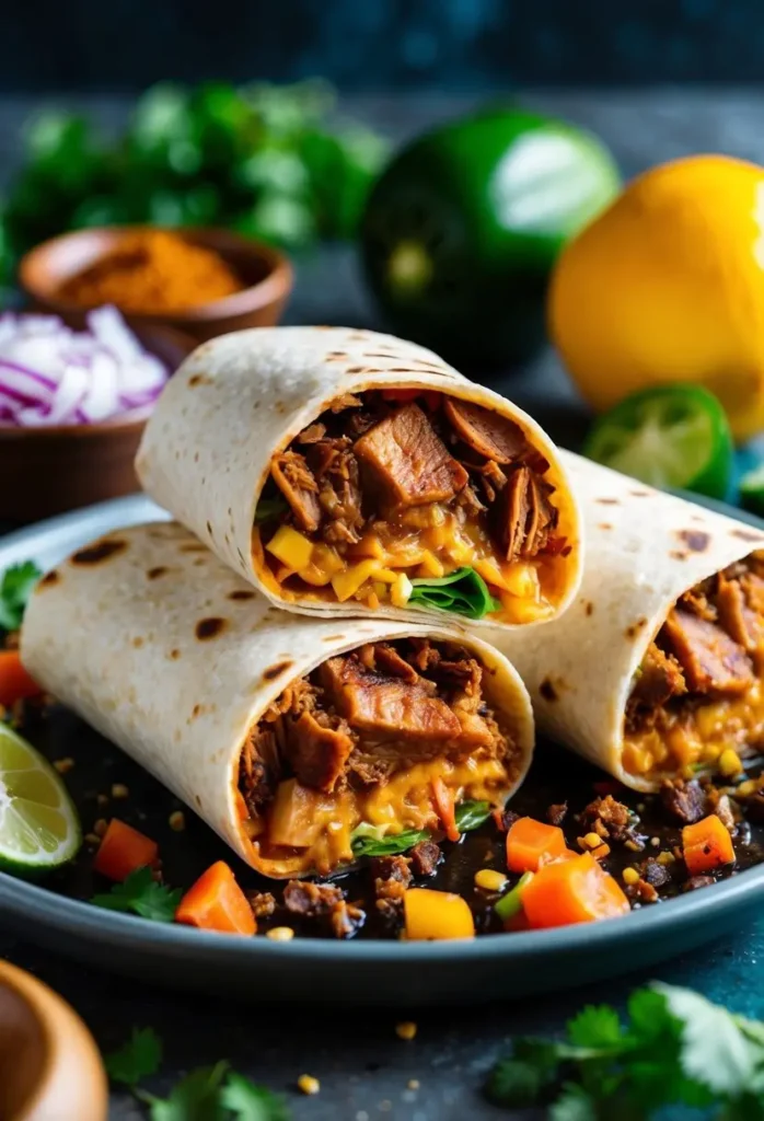 A sizzling carnitas burrito surrounded by vibrant ingredients and spices, showcasing the essence of one of the 10 best burrito recipes