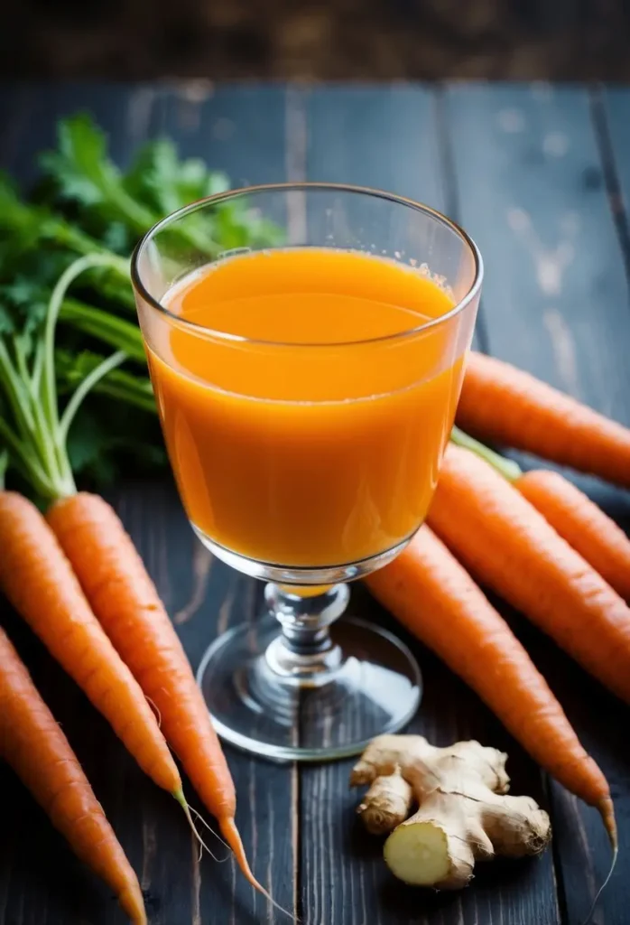 A glass of Carrot Ginger Elixir surrounded by fresh carrots and ginger root