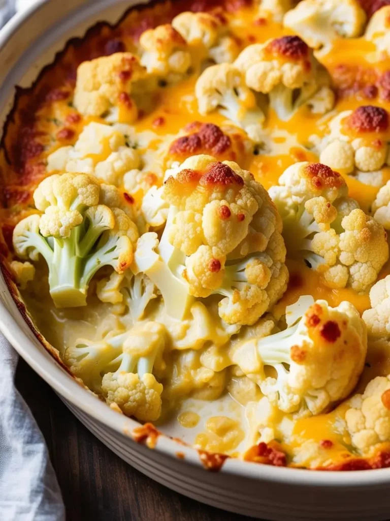 A bubbling cauliflower cheese casserole sits on a rustic wooden table surrounded by colorful vegetables and herbs