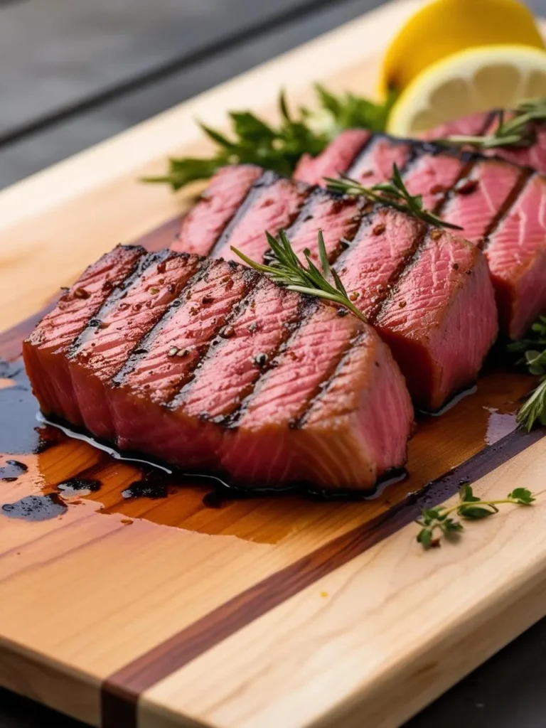 Close-up of perfectly grilled ahi tuna steaks with distinct grill marks, sliced to reveal a tender, pink interior. The tuna is served on a wooden cutting board, garnished with fresh rosemary sprigs and thyme. A lemon half sits in the background, adding a touch of brightness to the presentation. The dish is accented with a light drizzle of sauce, enhancing the appetizing look of the seared tuna.