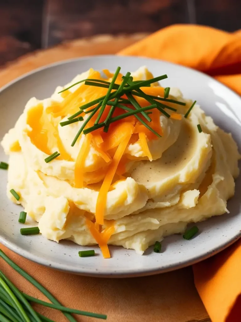 A rustic wooden table set with a steaming bowl of creamy cheddar and chive mashed potatoes