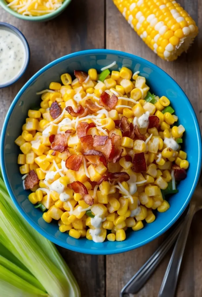 A colorful bowl of Southwestern Corn and Quinoa Salad, with vibrant vegetables and grains, sits on a rustic wooden table