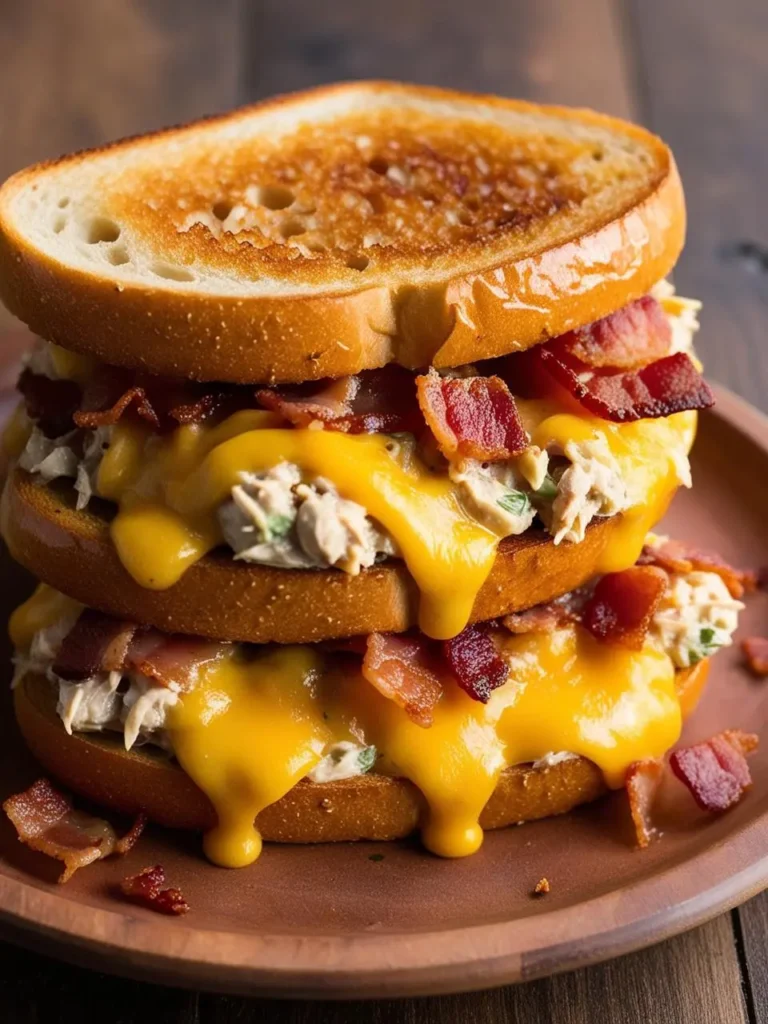 Close-up of a cheesy bacon tuna melt sandwich stacked on a wooden plate