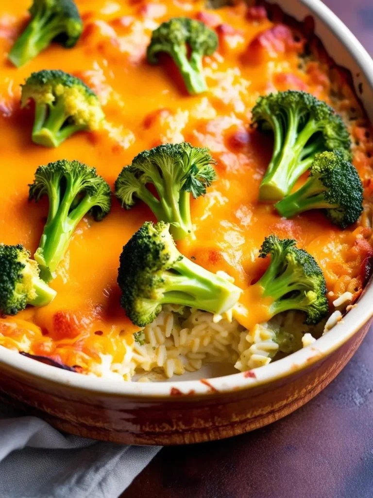 A bubbling casserole dish filled with creamy broccoli, rice, and gooey melted cheese, surrounded by colorful fresh vegetables and herbs