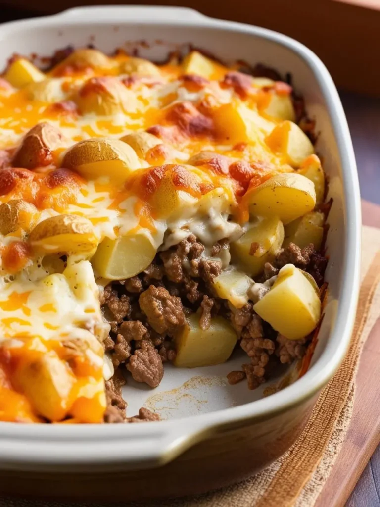 A golden-brown casserole dish filled with a cheesy, hearty mixture of ground beef and potatoes. The casserole looks delicious and comforting, perfect for a family meal.