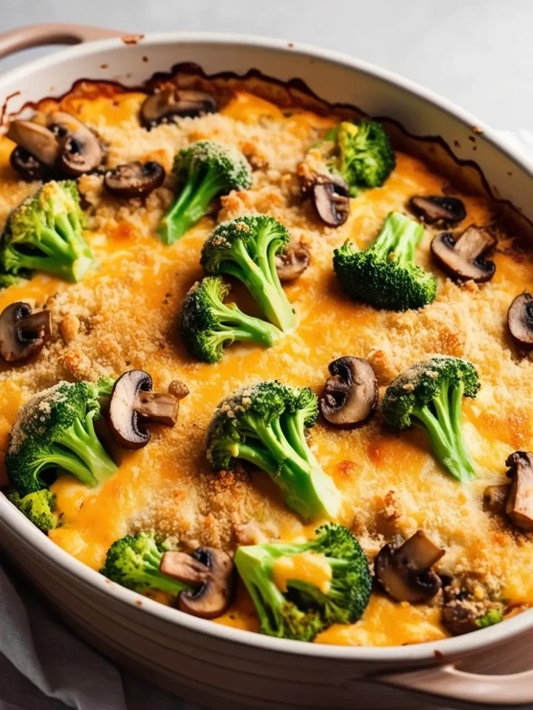 A steaming casserole dish filled with cheesy mushroom broccoli casserole