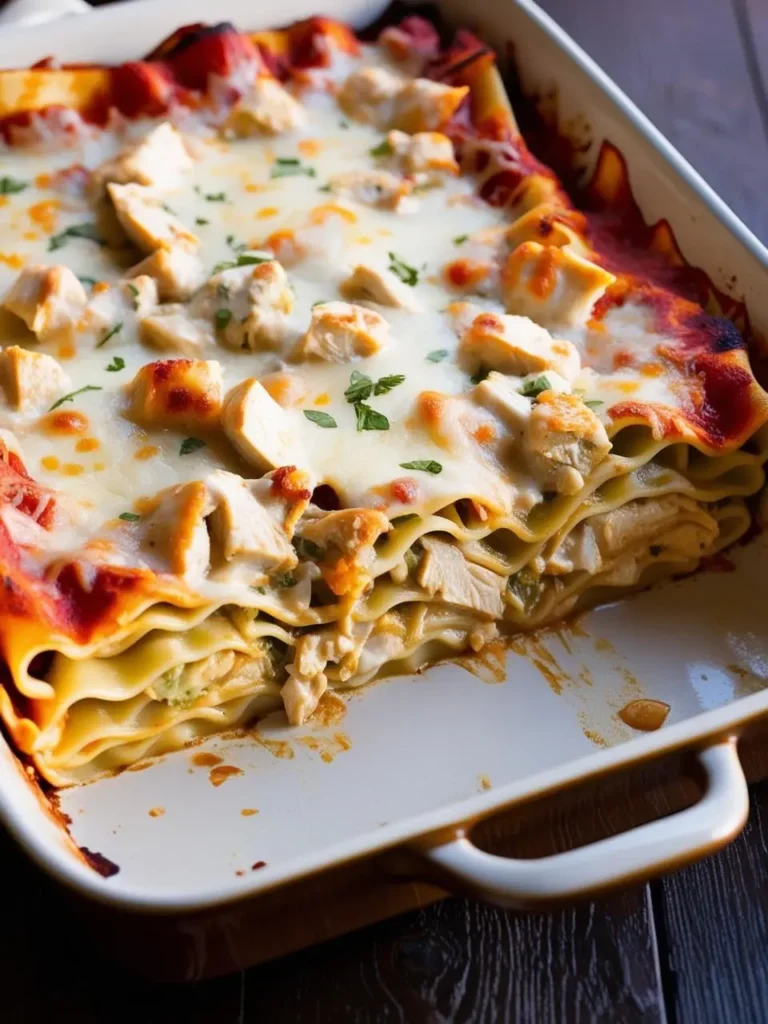 This is an image of a freshly baked chicken Alfredo lasagna in a white baking dish. The lasagna features golden, melted cheese on top, with chunks of cooked chicken and garnished with fresh herbs. A portion has been cut out, revealing the layered noodles, creamy Alfredo sauce, and chicken filling.