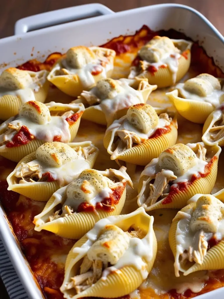 A plate of stuffed pasta shells filled with creamy Alfredo sauce and chunks of leftover chicken breast, garnished with fresh herbs