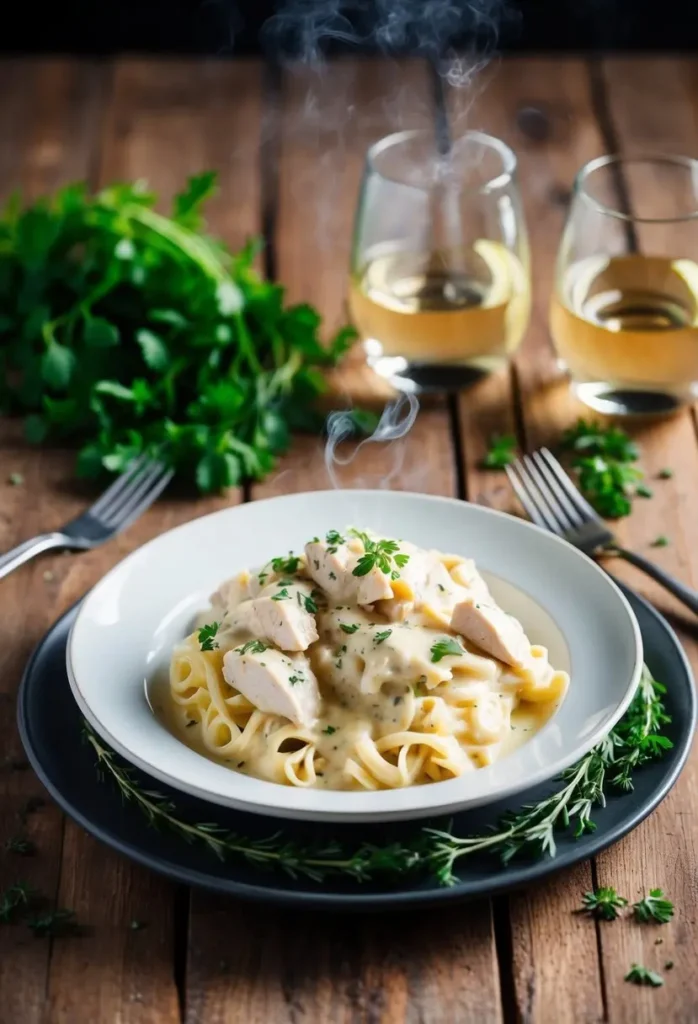 A steaming plate of creamy Chicken Alfredo sits on a rustic wooden table, surrounded by fresh herbs and a glass of white wine