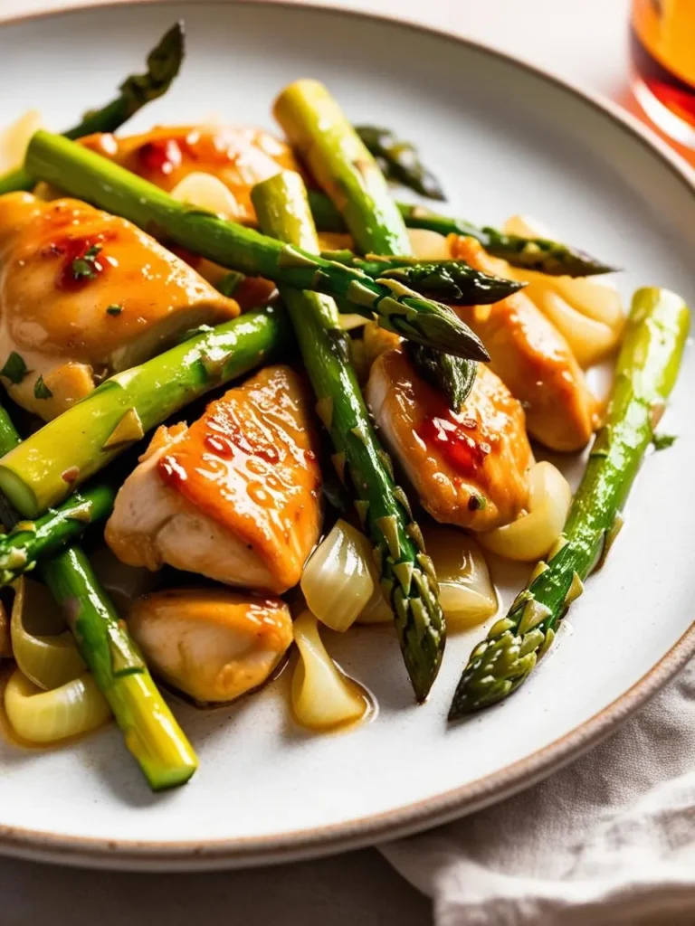 A plate of chicken and asparagus stir-fry with a sweet and savory glaze. The dish looks vibrant and appetizing, with tender chicken and crisp asparagus spears.