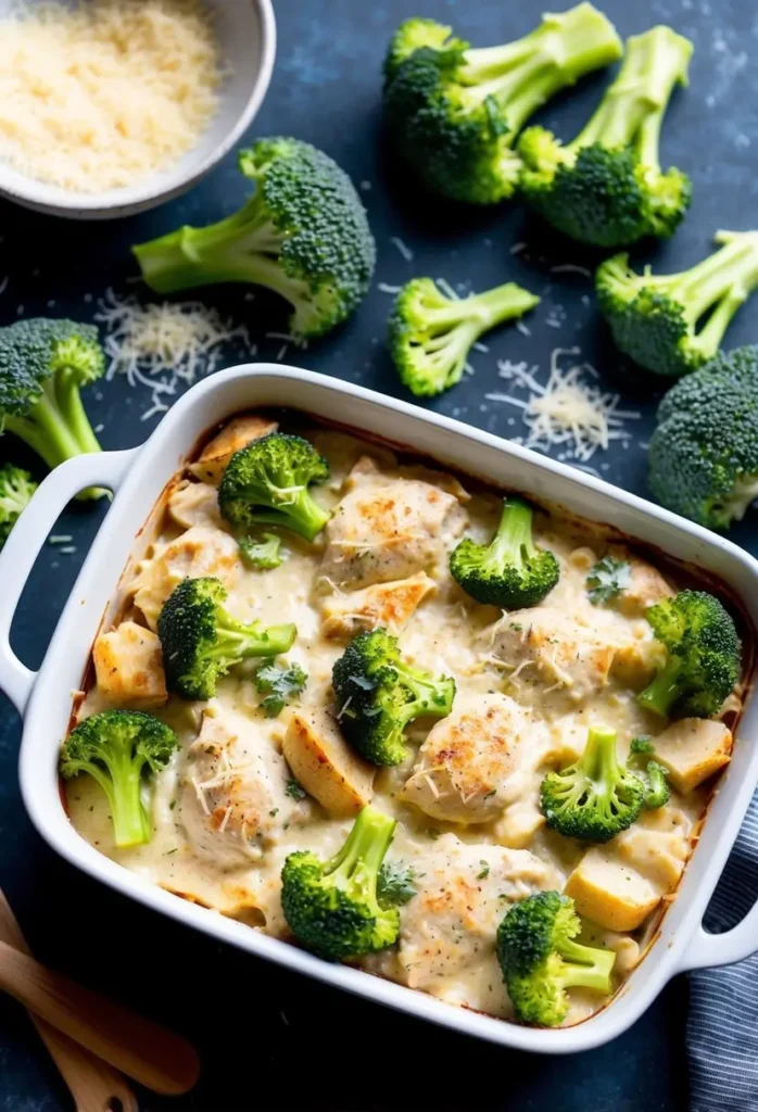 A steaming casserole dish filled with creamy Chicken and Broccoli Alfredo Bake, surrounded by fresh broccoli florets and a sprinkle of Parmesan cheese