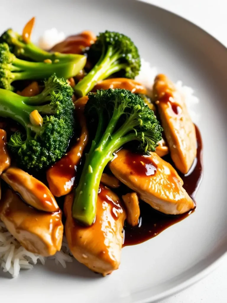 A plate filled with colorful broccoli florets, sliced chicken breast, and a savory stir-fry sauce. Steam rises as the ingredients are tossed together