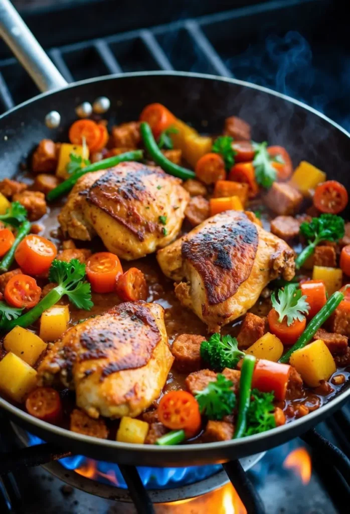 A large skillet filled with sizzling chicken, spicy chorizo, and vibrant vegetables cooking over an open flame