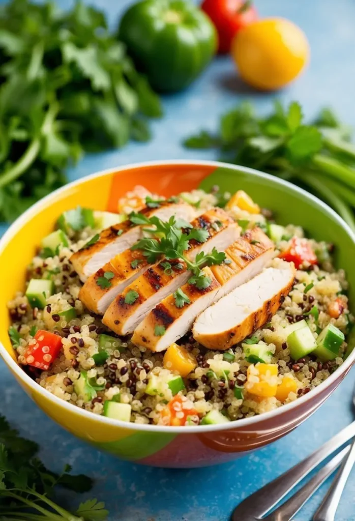 A colorful bowl of quinoa salad topped with grilled chicken, surrounded by fresh vegetables and herbs