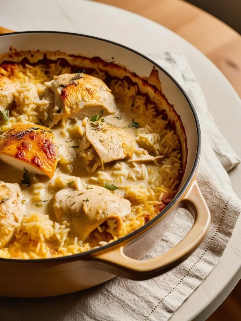 A golden-brown chicken and rice casserole, baked in a white ceramic dish. The chicken is tender and juicy, and the rice is fluffy and flavorful. The dish is topped with melted cheese and looks incredibly appetizing.