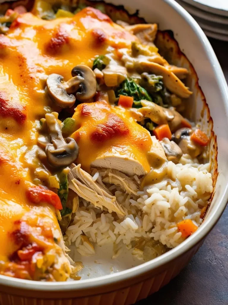 A golden-brown casserole dish filled with a creamy chicken and vegetable dish. The casserole is topped with melted cheese and looks incredibly appetizing.