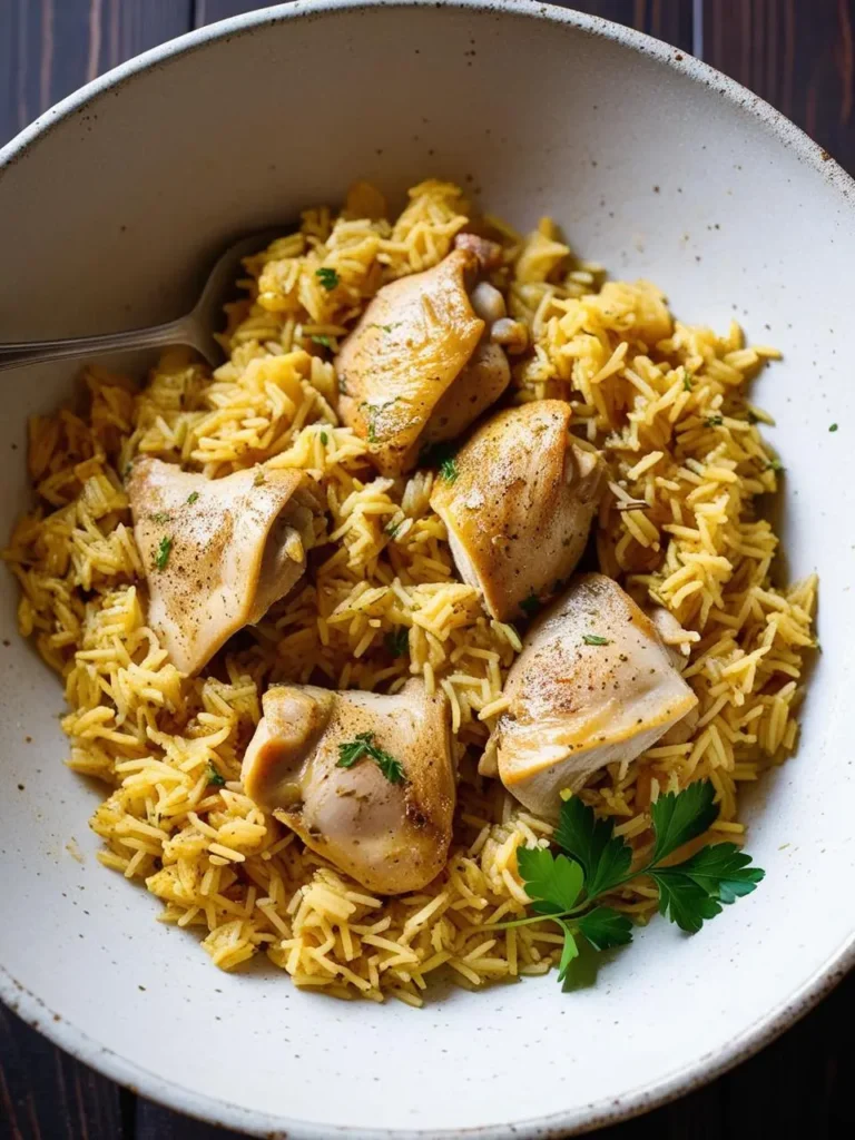 A bowl of golden-brown chicken thighs served over a bed of fluffy yellow rice. The chicken is seasoned with herbs and spices, and the rice is infused with a delicious flavor. The dish looks incredibly appetizing and perfect for a comforting meal.