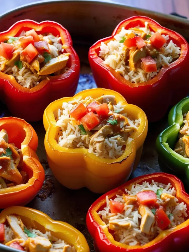 A close-up image of colorful bell peppers filled with a mixture of rice and chicken. The peppers are arranged in a baking dish and look incredibly appetizing.