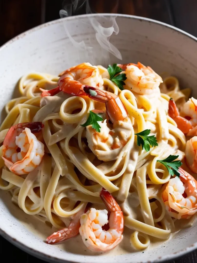 A steaming bowl of fettuccine Alfredo with shrimp. The pasta is coated in a rich, creamy sauce and topped with juicy shrimp and fresh parsley.