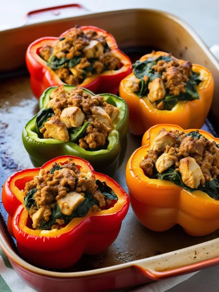 Four colorful bell peppers stuffed with a mixture of ground chicken, spinach, and spices, ready to be baked. The peppers look vibrant and the filling looks flavorful.