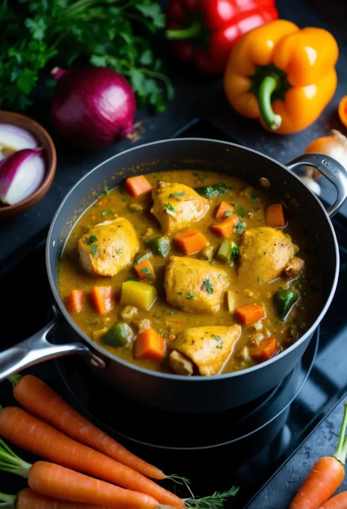 A bubbling pot of chicken and vegetable curry simmers on a stovetop, surrounded by vibrant ingredients like bell peppers, onions, and carrots