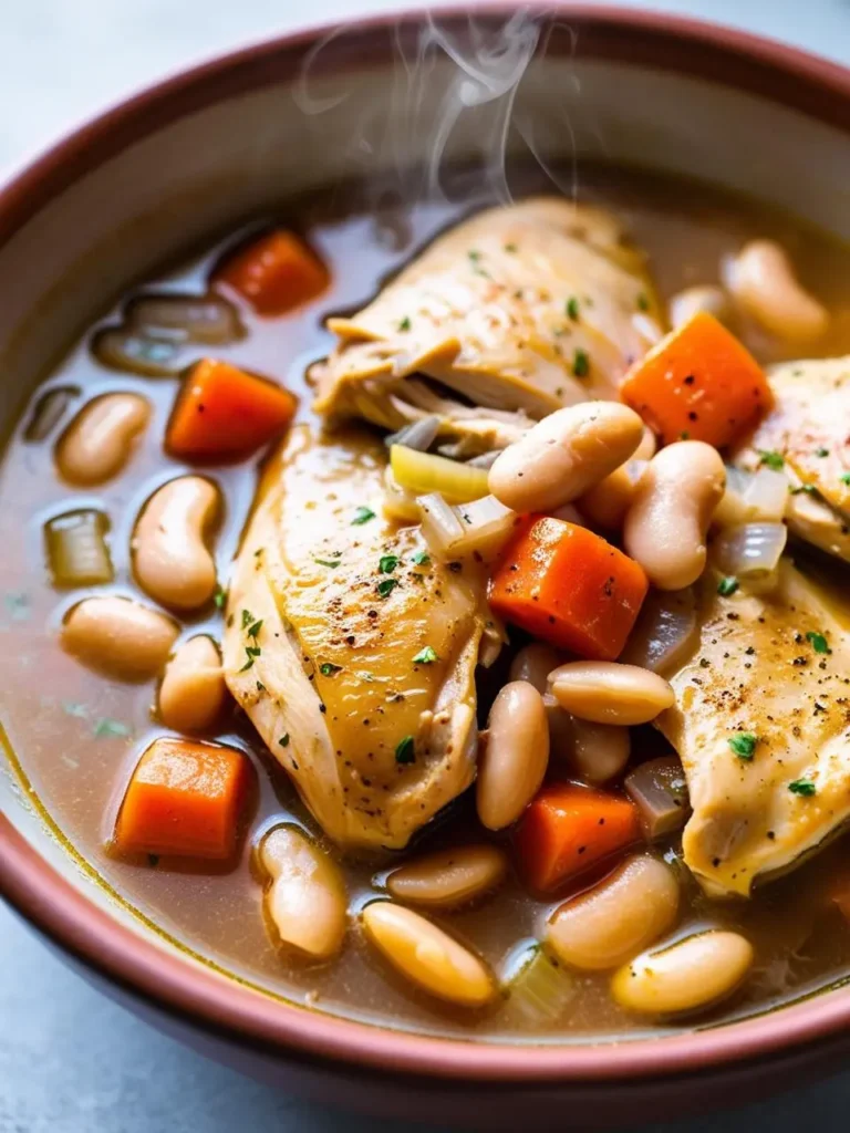 Close-up of a warm bowl of chicken and white bean stew, featuring tender chicken breast, creamy white beans, carrots, celery, and a sprinkle of fresh herbs in a savory broth. Perfect for cozy, nutritious meals