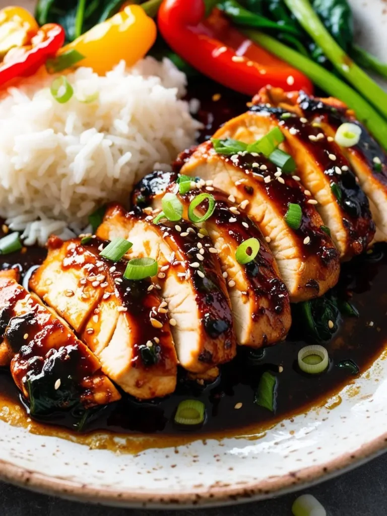 Plate of chicken bulgogi served with steamed white rice, colorful bell peppers, and sautéed greens. The tender, marinated chicken slices are drizzled with a glossy, sweet-savory sauce and garnished with green onions and sesame seeds, creating a visually appealing and flavorful Korean-inspired dish