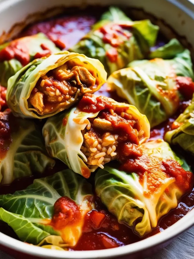 Stuffed cabbage rolls filled with a mixture of chicken, rice, and vegetables, topped with a rich tomato sauce. The rolls are tightly wrapped in bright green cabbage leaves and placed in a round baking dish, creating a warm and inviting presentation. The dish is generously coated with sauce, adding a vibrant red contrast to the green cabbage