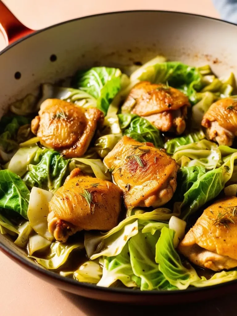 Pan-seared chicken thighs nestled among sautéed cabbage leaves in a skillet. The chicken has a golden-brown, crispy exterior, while the cabbage is lightly cooked, showcasing a mix of green and white hues. Fresh herbs are sprinkled on top for added flavor, and the dish is set against a warm background, emphasizing its homely and hearty appeal