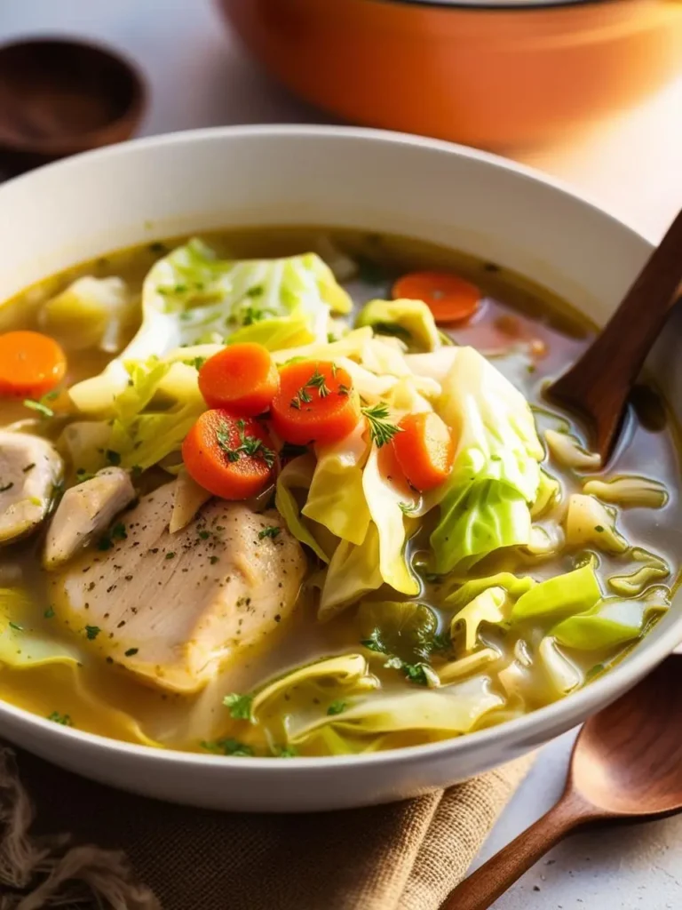 A bowl of hearty chicken and cabbage soup garnished with fresh herbs and sliced carrots