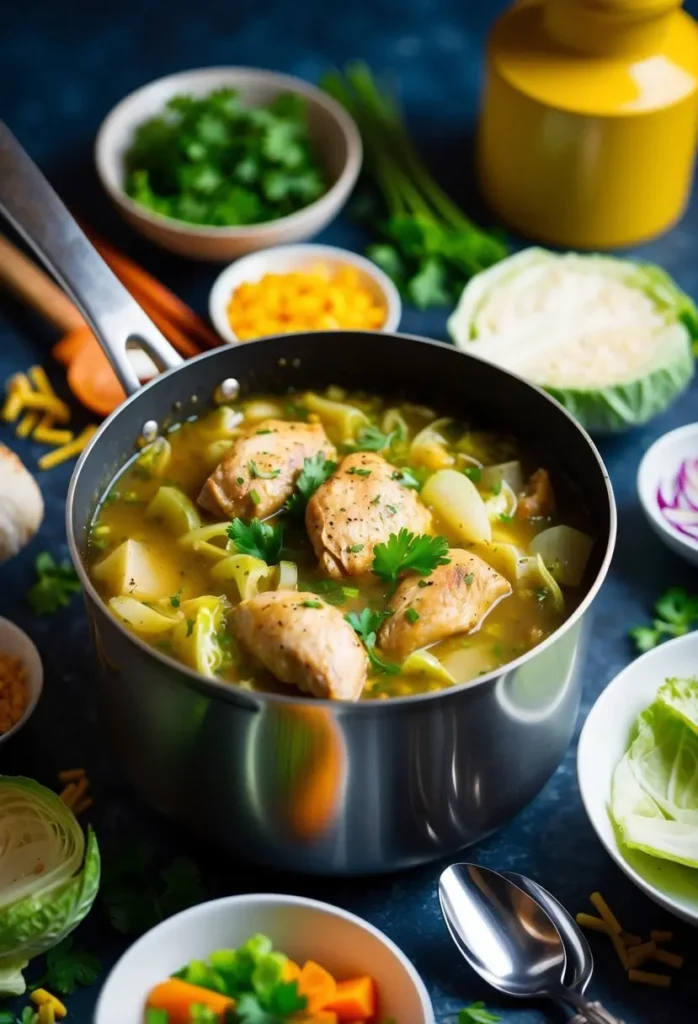 A bubbling pot of chicken and cabbage stew surrounded by colorful ingredients and cooking utensils