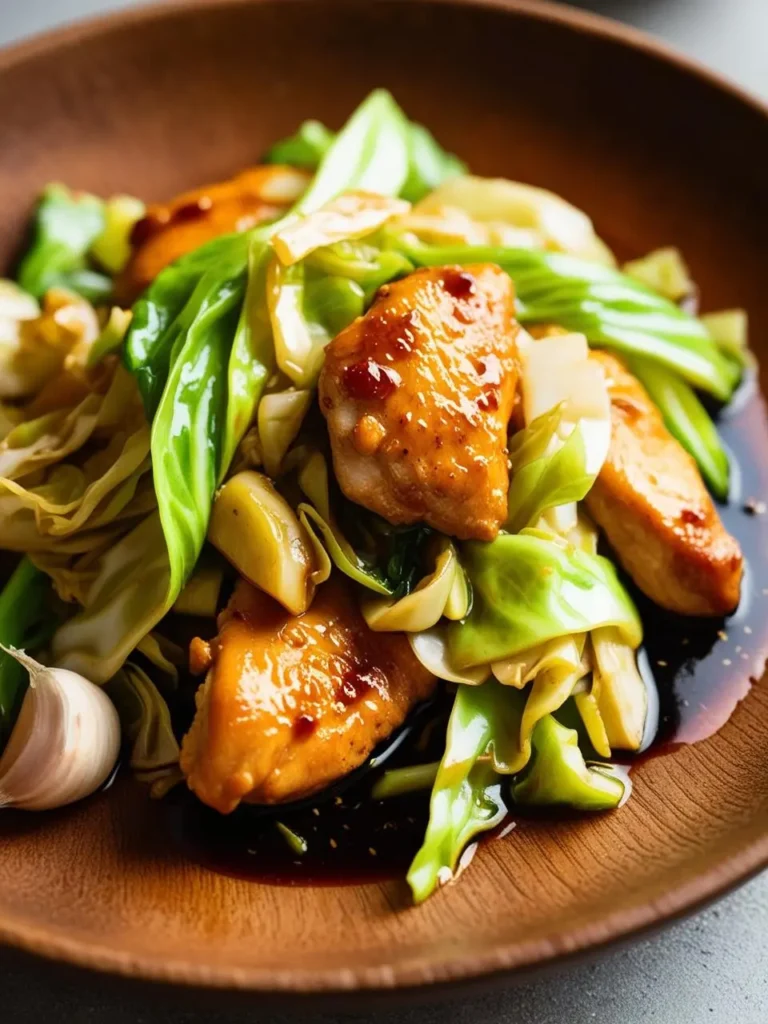 A vibrant dish of chicken stir-fry with tender cabbage served in a wooden bowl. The chicken pieces are glazed with a rich, slightly sticky sauce, giving them a glossy appearance. Fresh green cabbage adds a bright contrast to the dish, with visible garlic cloves on the side hinting at the dish's savory flavor profile. The meal looks freshly cooked and inviting, perfect for a wholesome and flavorful dining experience