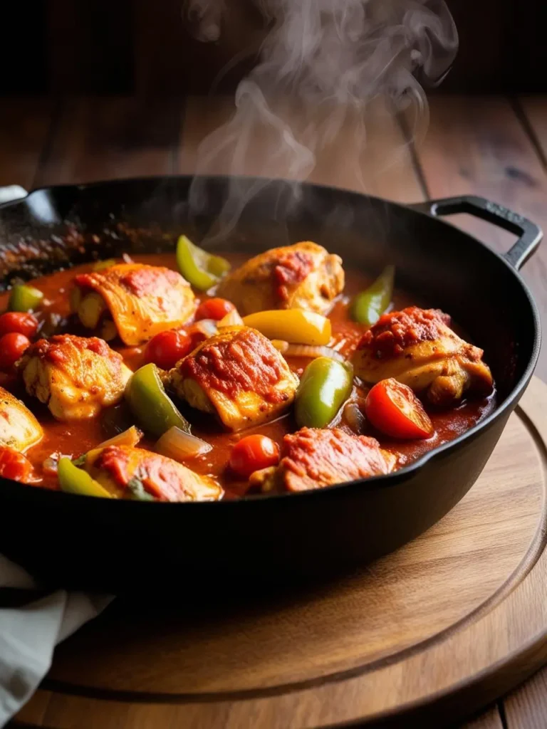 A large pot simmering with chicken, tomatoes, and herbs