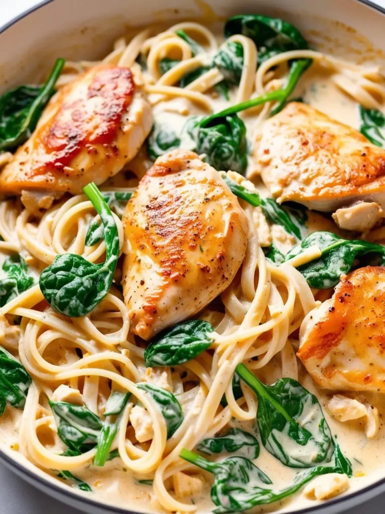 A steaming pan of Chicken Carbonara with Spinach 