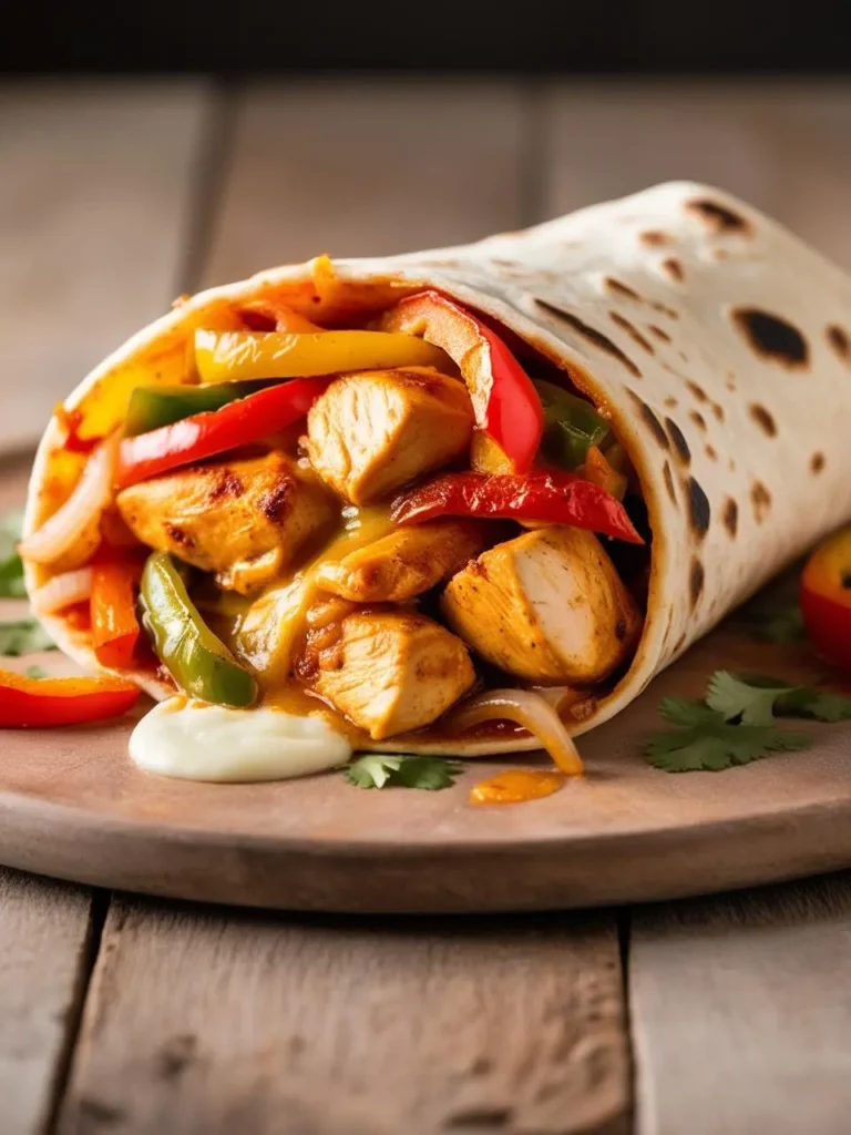 A tortillas with cooked chicken, peppers, and onions