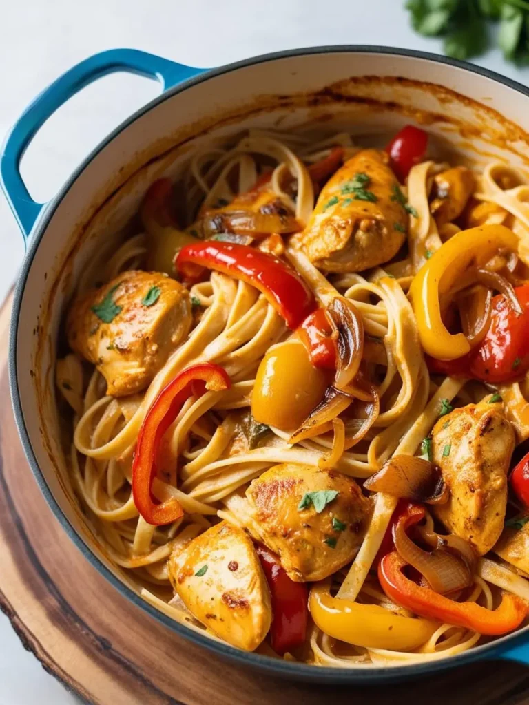 A sizzling skillet of chicken fajita pasta cooking over an open flame, with colorful peppers and onions mixed in