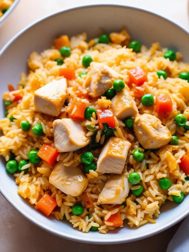 A bowl of chicken fried rice with peas and carrots. The rice is golden brown and fluffy, and the chicken pieces are juicy and flavorful. The dish looks incredibly appetizing and perfect for a quick and easy meal.