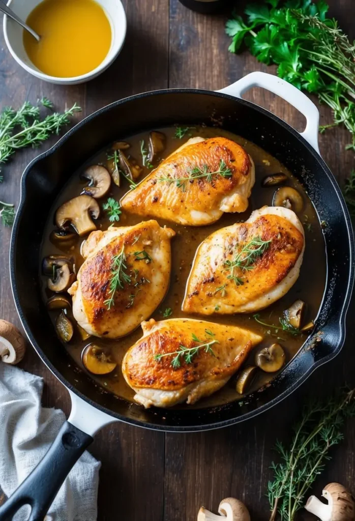 A sizzling skillet with golden-brown chicken breasts simmering in a rich, savory Marsala wine sauce, surrounded by fresh herbs and mushrooms