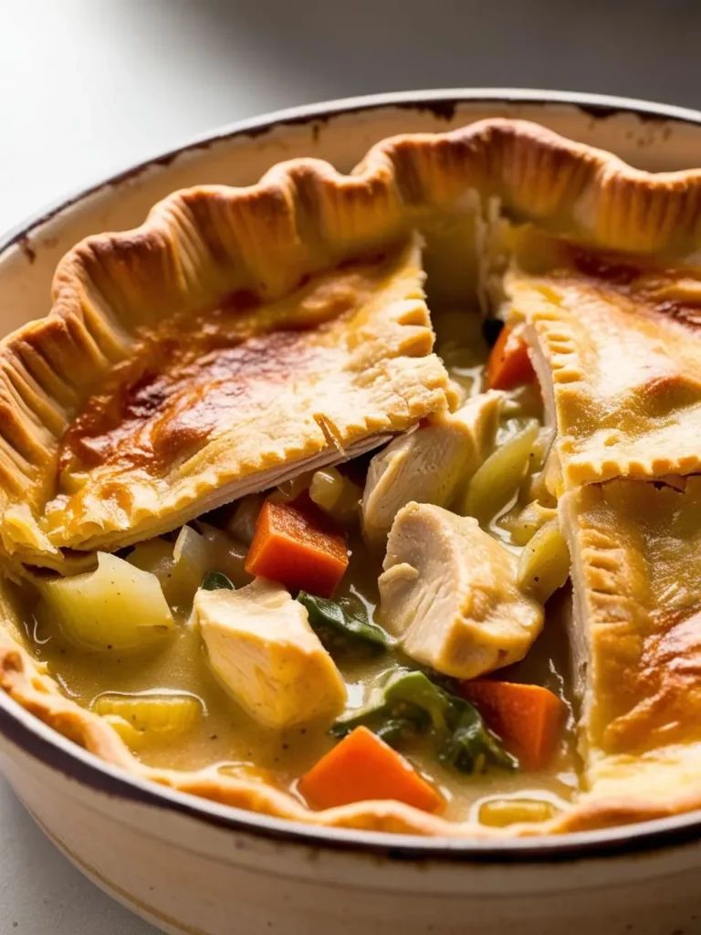 A close-up of a freshly baked chicken pot pie with a golden, flaky crust. A portion of the pie is cut out, revealing the hearty filling inside. The filling includes tender chunks of chicken, carrots, celery, and leafy greens in a creamy, savory sauce. The crust is perfectly browned with a light, glossy finish, showcasing its crisp texture. 